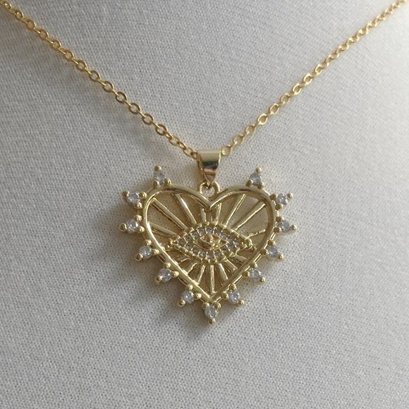 Evil Eye Heart Cubic Zirconia All Seeing Eye Protection Jewelry Charm Necklace - Picture 1 of 5